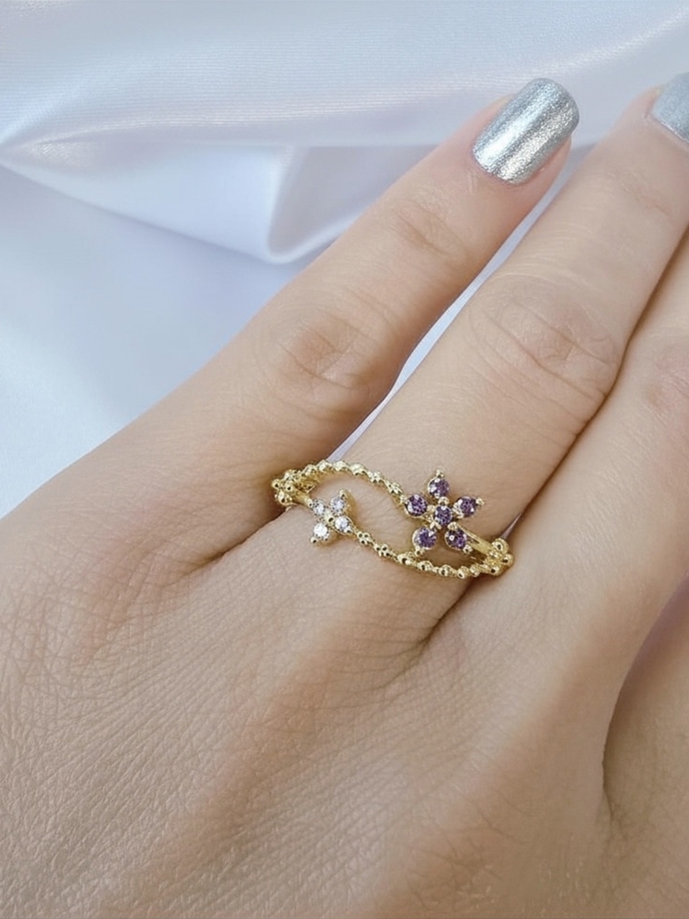 Sakura Flower, Shiny‎ Zircon Crystal Open Ring -Y2K Jewelry